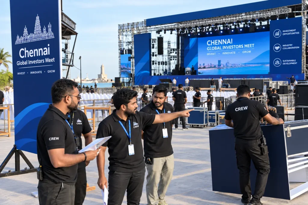 Aramm Events production crew managing a large-scale corporate event in Chennai