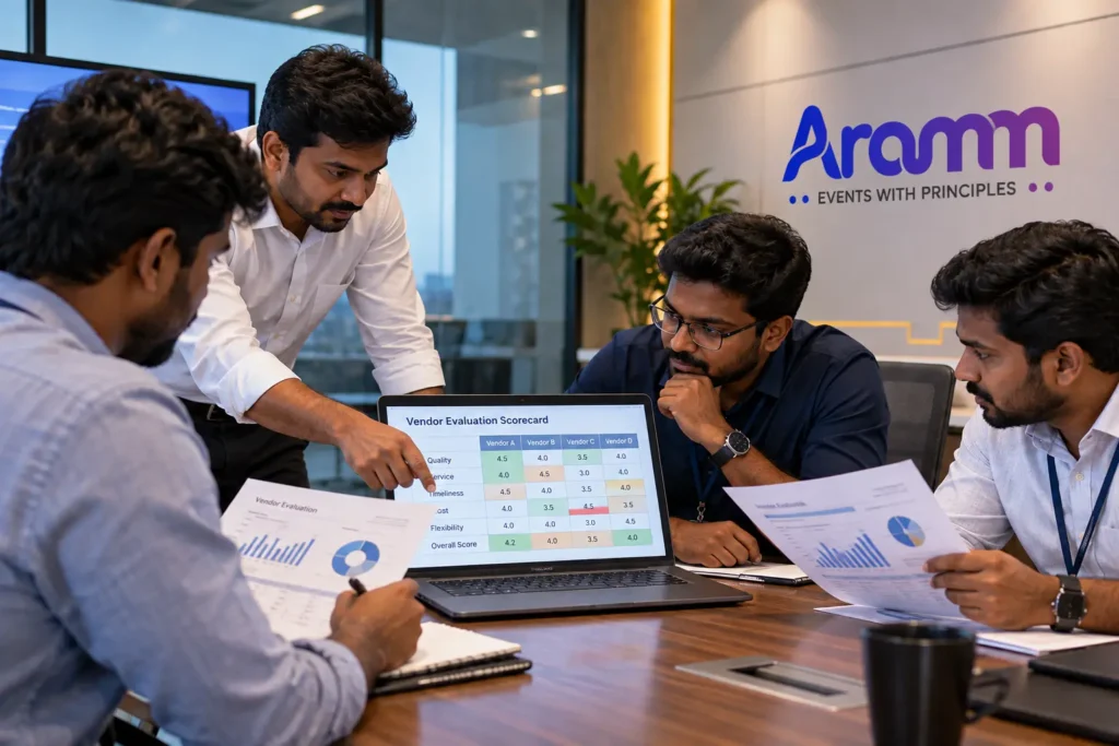 Corporate team evaluating an event management vendor scorecard