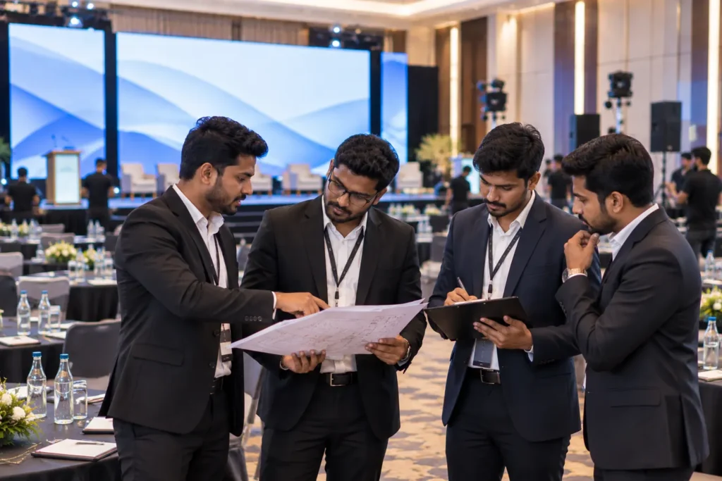 compliance-ready event management company in Chennai: Event management team reviewing compliance documents before an MNC corporate event in Chennai