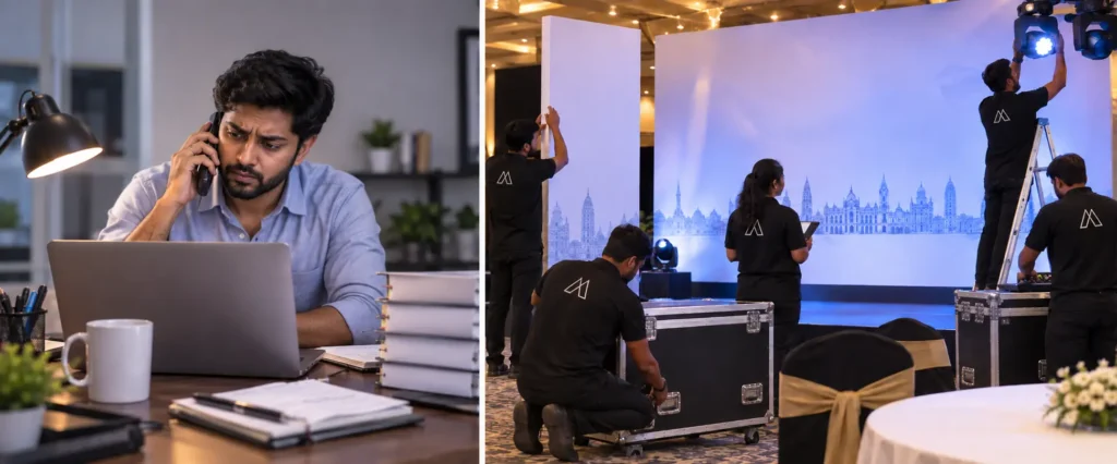 In-house team versus outsourced event crew setting up a Chennai corporate event