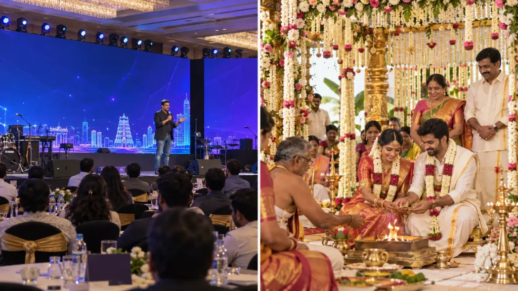 Corporate event management vs wedding planning in Chennai: corporate stage beside a wedding mandap