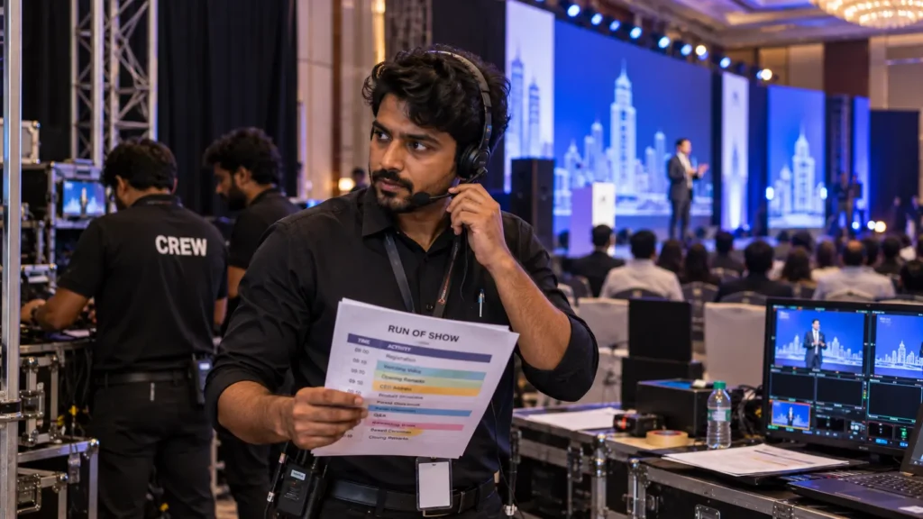 Event coordinator managing a corporate run of show backstage