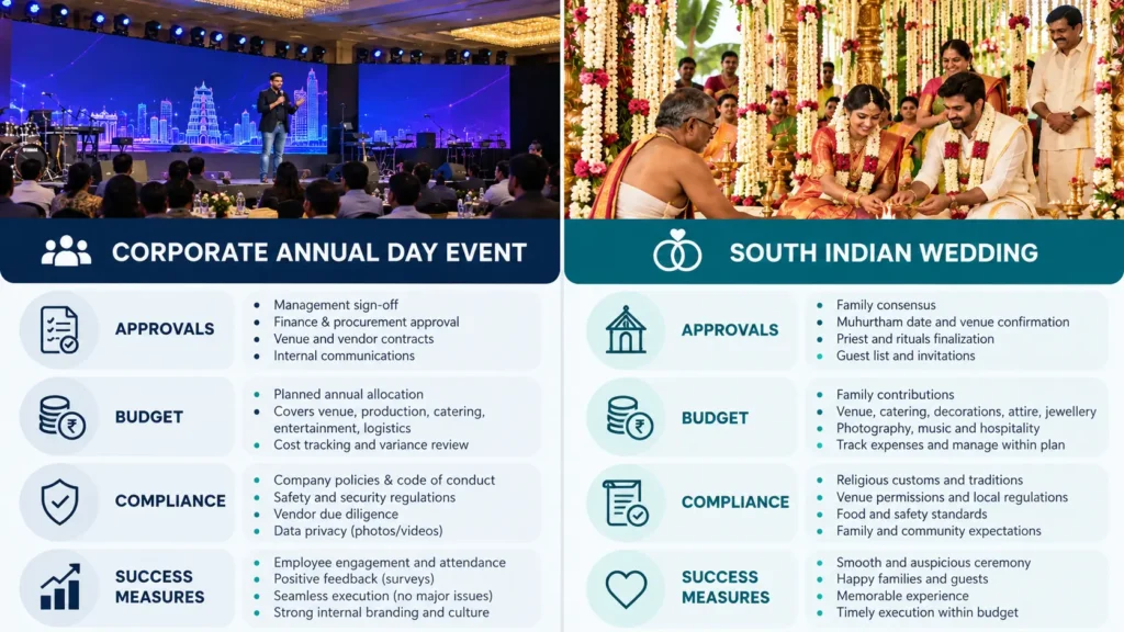 Comparison of corporate event and wedding planning factors